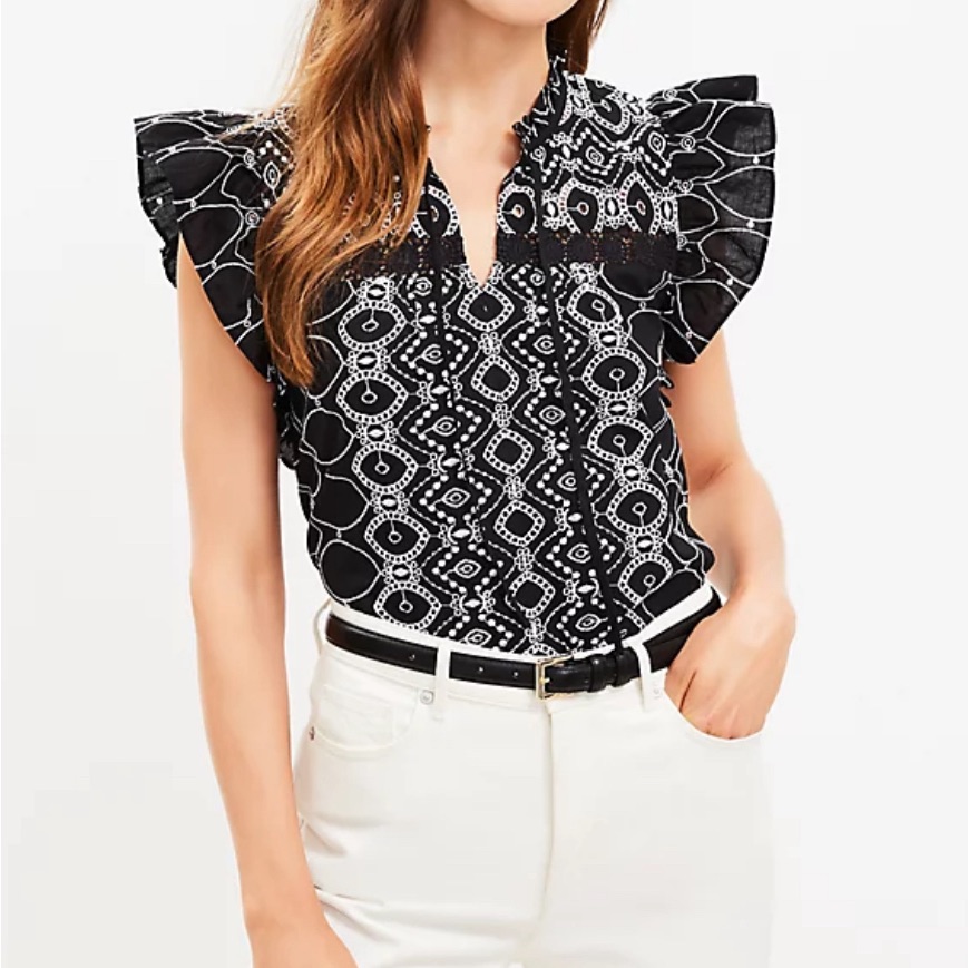 Loft, Nwot, V Neck, Embroidered, Tie Front, Black & White, Lined Eyelet Top.